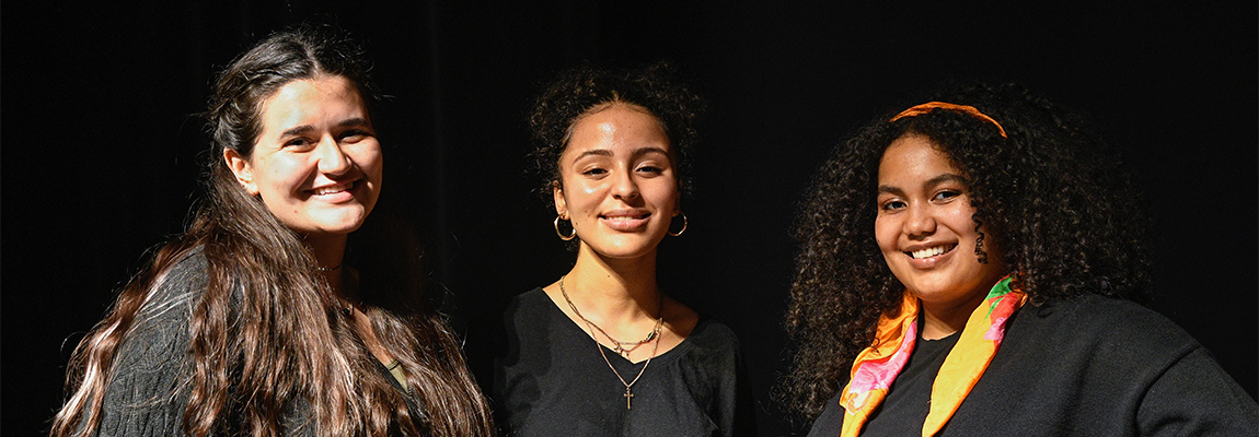 Muhlenberg actors portray the Mirabal Sisters: Alejandra Cepeda Bátiz as Patria, Maria Isabel Castillo as Mate, Alaila Florian as Minerva. Photo by Maddi Whiting.